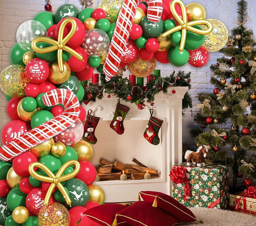 Christmas Balloon Garland, 110 Pieces Red Green Gold Confetti Balloon Arch, Christmas Decoration Christmas Tree Reindeer Snowflake Print Candy Cane Aluminum Foil Balloon, DIY New Year Bow Balloon