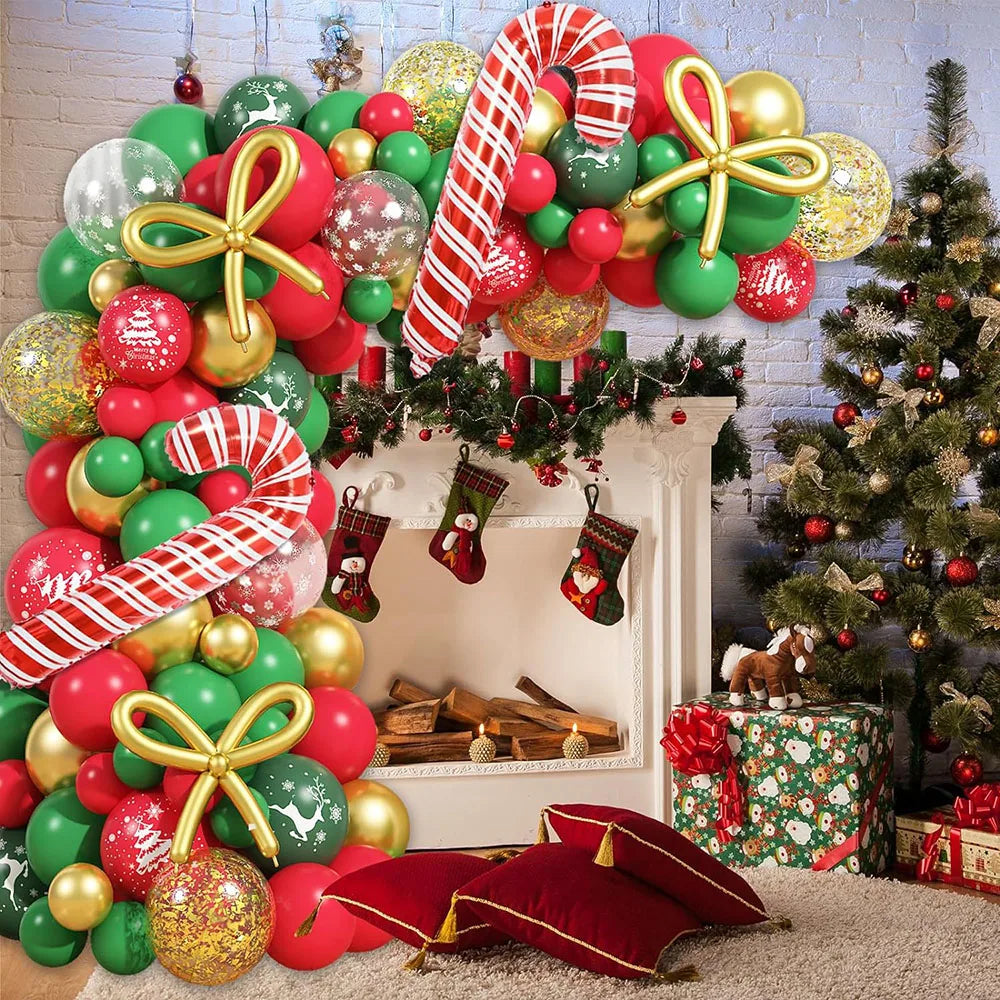 Christmas Balloon Garland, 110 Pieces Red Green Gold Confetti Balloon Arch, Christmas Decoration Christmas Tree Reindeer Snowflake Print Candy Cane Aluminum Foil Balloon, DIY New Year Bow Balloon