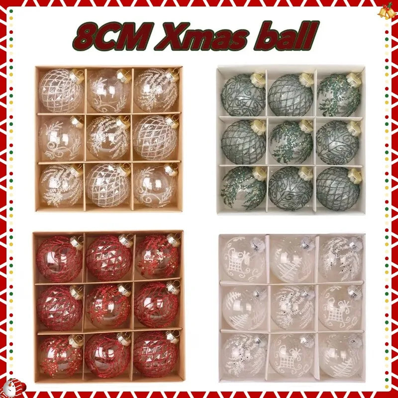 8CM 9PCS Transparent Christmas Balls Set White Red Champagne Green Xmas Balls DIY Christmas Tree Ornaments Christmas Gifts
