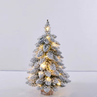45cm Mini Christmas Tree with Snowflakes Flocked Tabletop Decor Lighted Xmas Tree with Wooden Base for Home Office Party Holiday