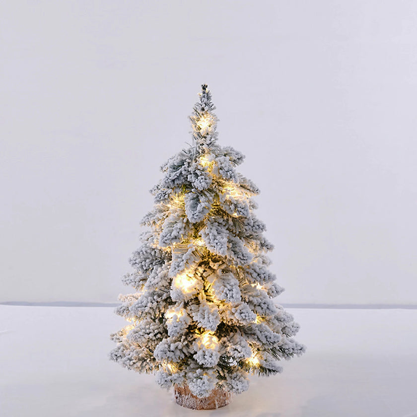 45cm Mini Christmas Tree with Snowflakes Flocked Tabletop Decor Lighted Xmas Tree with Wooden Base for Home Office Party Holiday