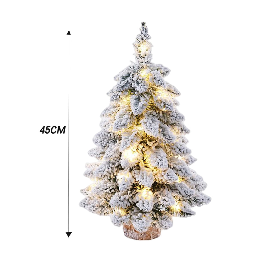 45cm Mini Christmas Tree with Snowflakes Flocked Tabletop Decor Lighted Xmas Tree with Wooden Base for Home Office Party Holiday