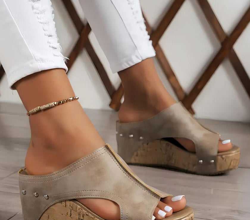 Gray Hollow Out Studded PU Leather Wedge Slides Shoes