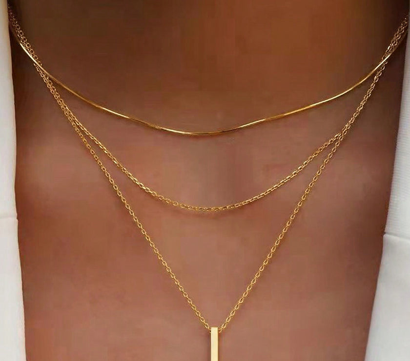 Gold Bar Pendant Layered Adjustable Chain Necklace