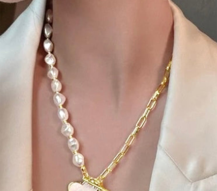 Gold Heart Shape Pendant Rhinestone Pearl Chain Necklace