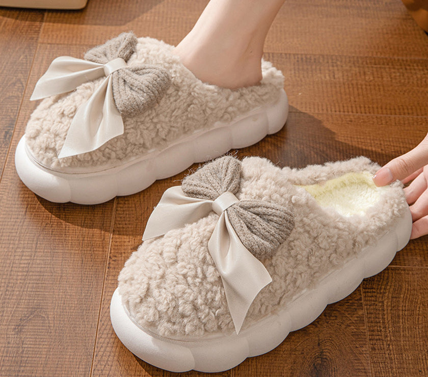 Camel Contrast Bowknot Applique Plush Winter Slippers