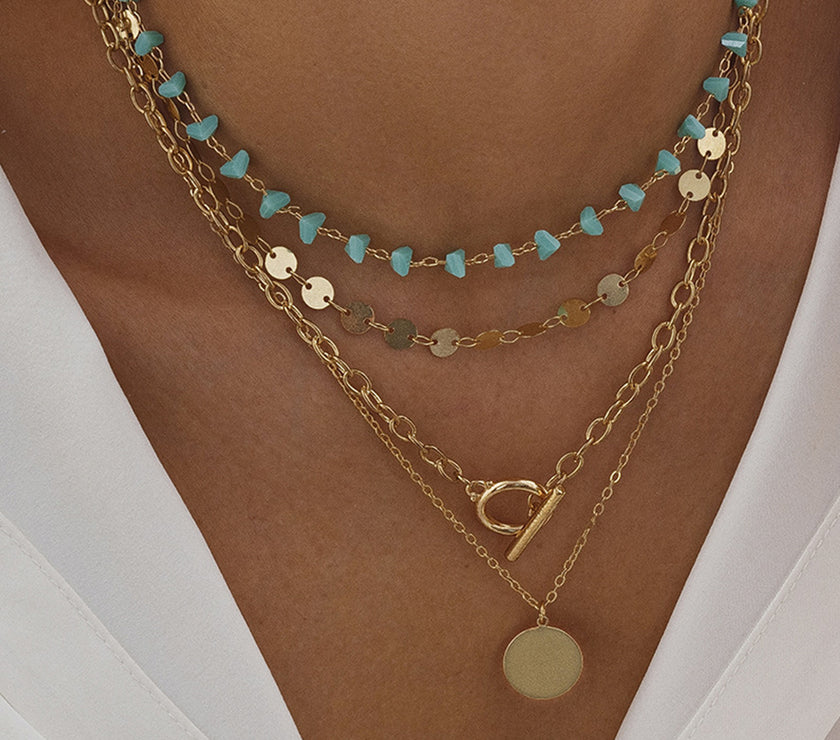 Gold Boho Circle Pendant Multi-Layered Necklace Set