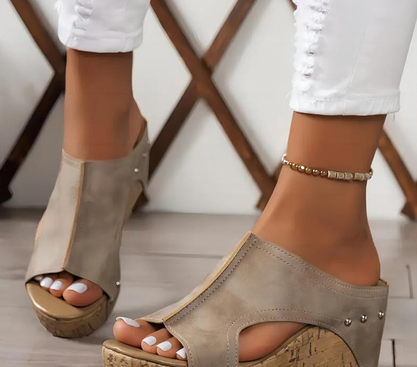 Gray Hollow Out Studded PU Leather Wedge Slides Shoes