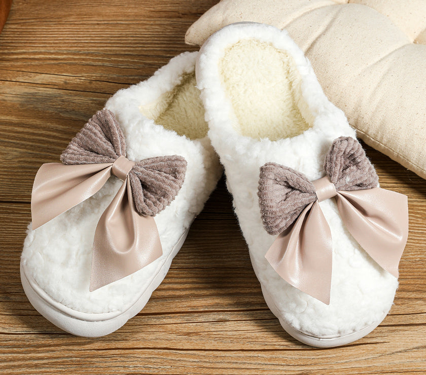 White Contrast Bowknot Applique Plush Winter Slippers