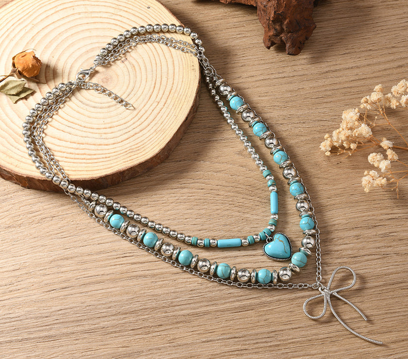 Silvery Bow and Heart Pendants Turquoise Beaded Multi-layered Necklace
