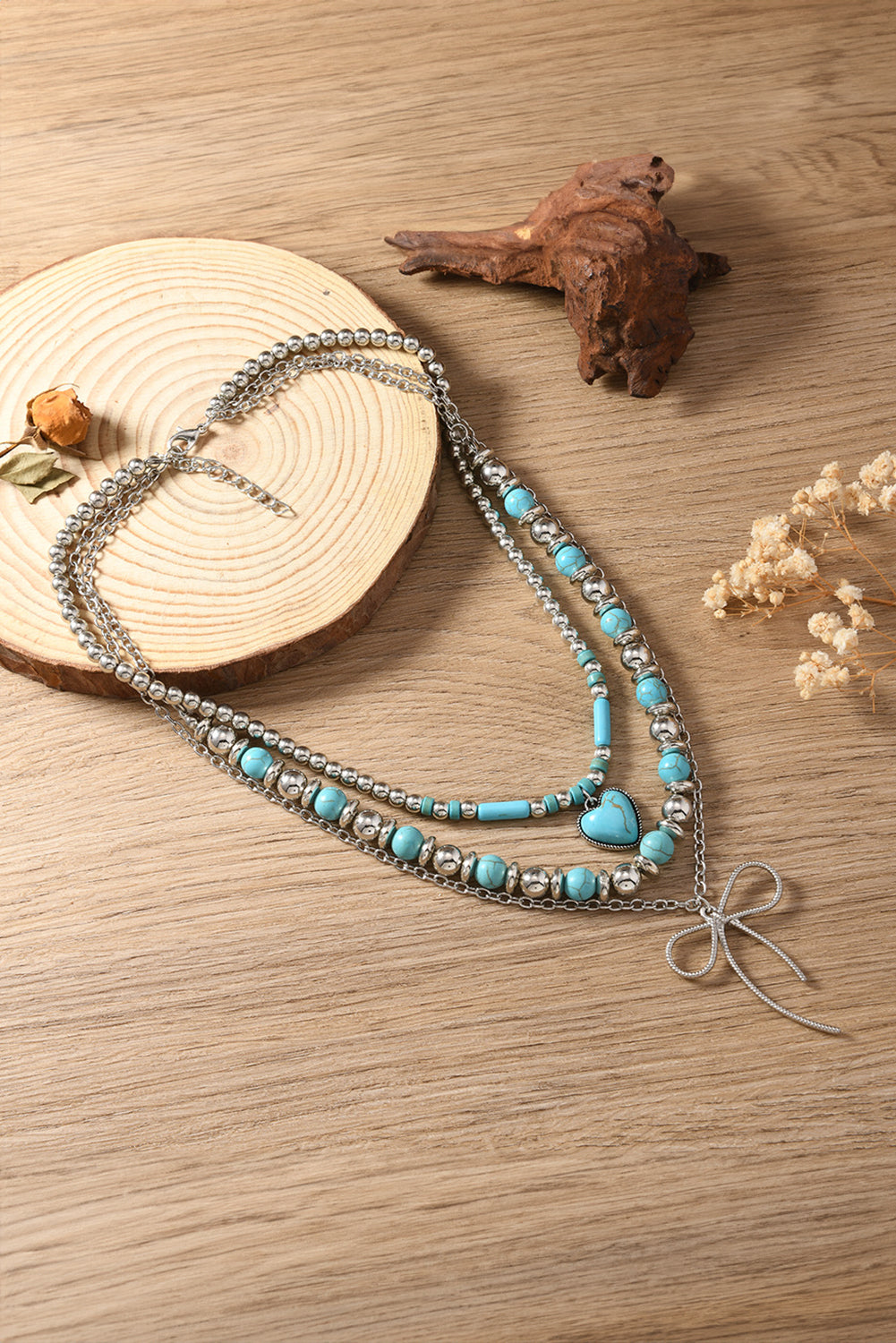 Silvery Bow and Heart Pendants Turquoise Beaded Multi-layered Necklace