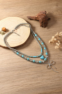 Silvery Bow and Heart Pendants Turquoise Beaded Multi-layered Necklace