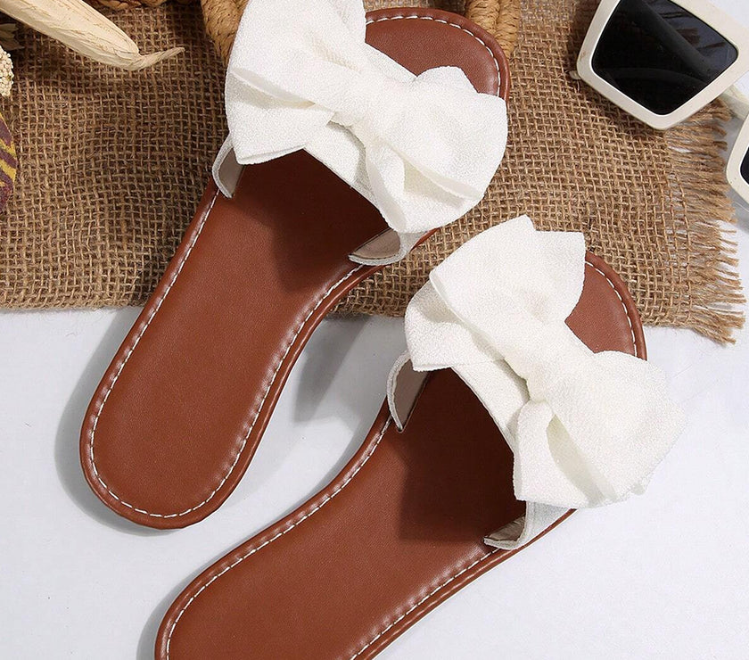 White Bow Decor Flat Slippers