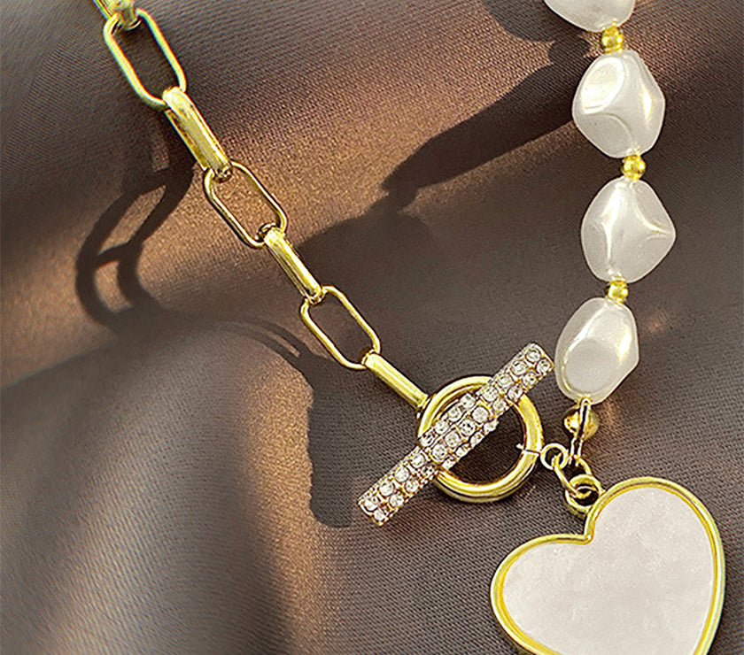 Gold Heart Shape Pendant Rhinestone Pearl Chain Necklace