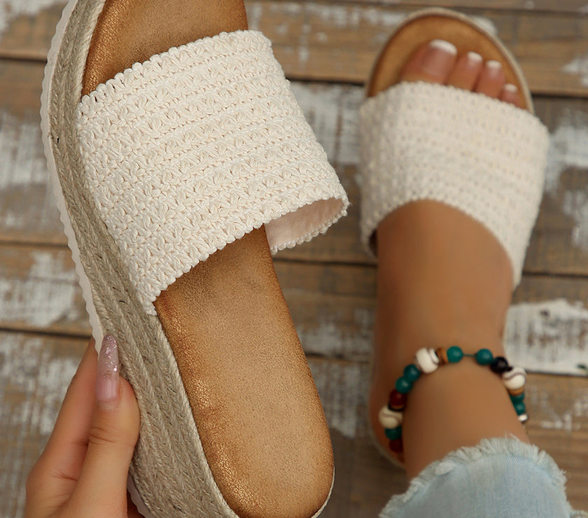 White Boho Woven One Band Wedge Slippers