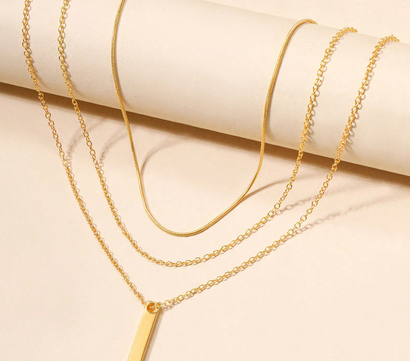 Gold Bar Pendant Layered Adjustable Chain Necklace