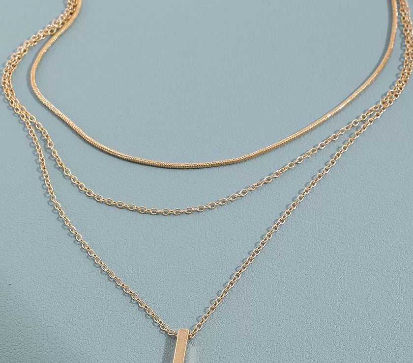 Gold Bar Pendant Layered Adjustable Chain Necklace