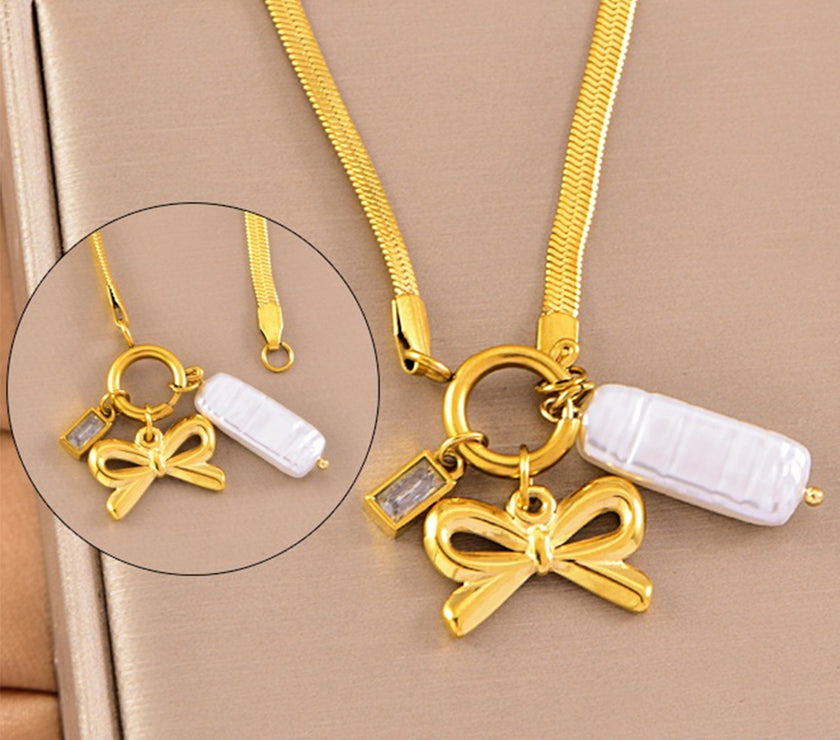 Gold Bow Charm Snake Chain Necklace