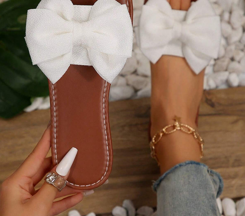 White Bow Decor Flat Slippers