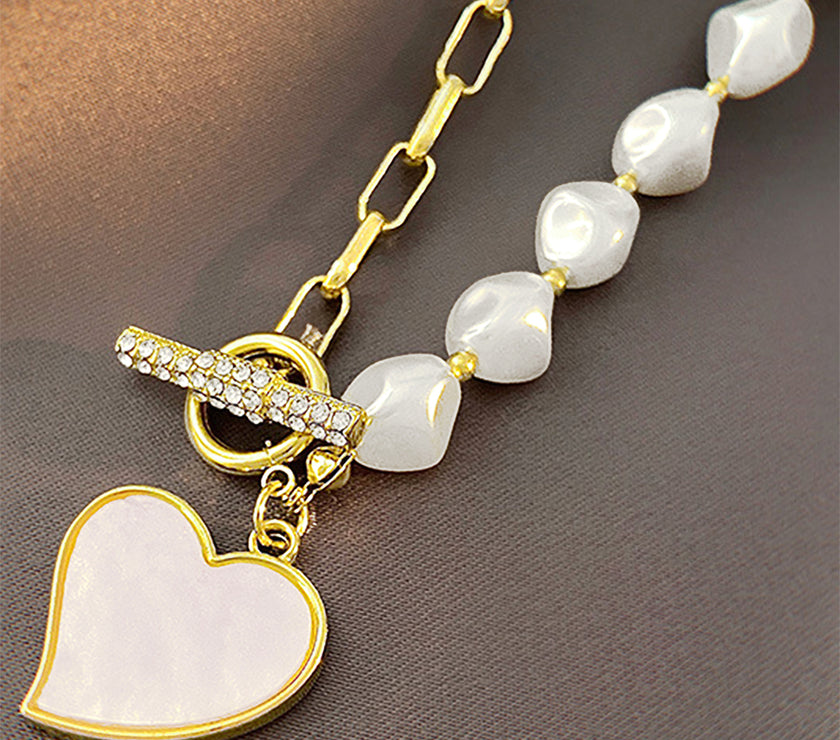 Gold Heart Shape Pendant Rhinestone Pearl Chain Necklace